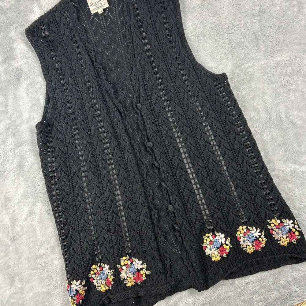 Vintage Susan Bristol Sweater Vest Black Appliquรฉd Ribbon Floral Open Knit READ